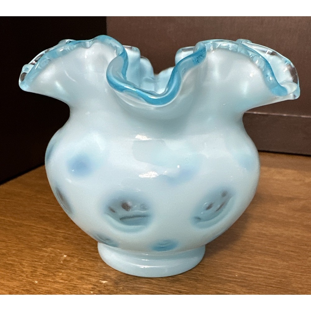 Fenton Vase Blue Opalescent Coin Dot Ruffle Edge Hand Made Vintage 4"
